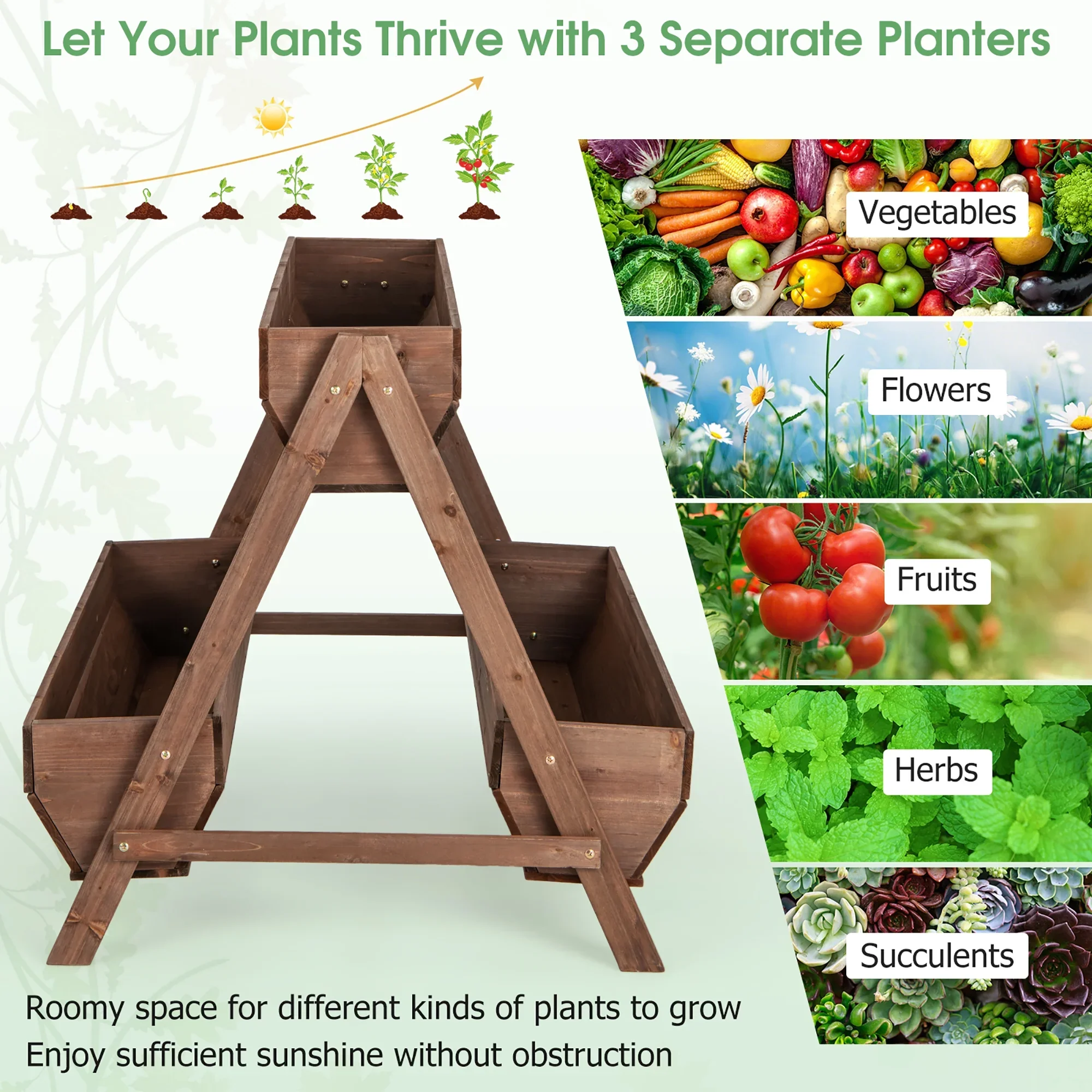 Gymax Vertical Raised Garden Bed Wood Tiered Plant Stand w/ 3 Planter Containers