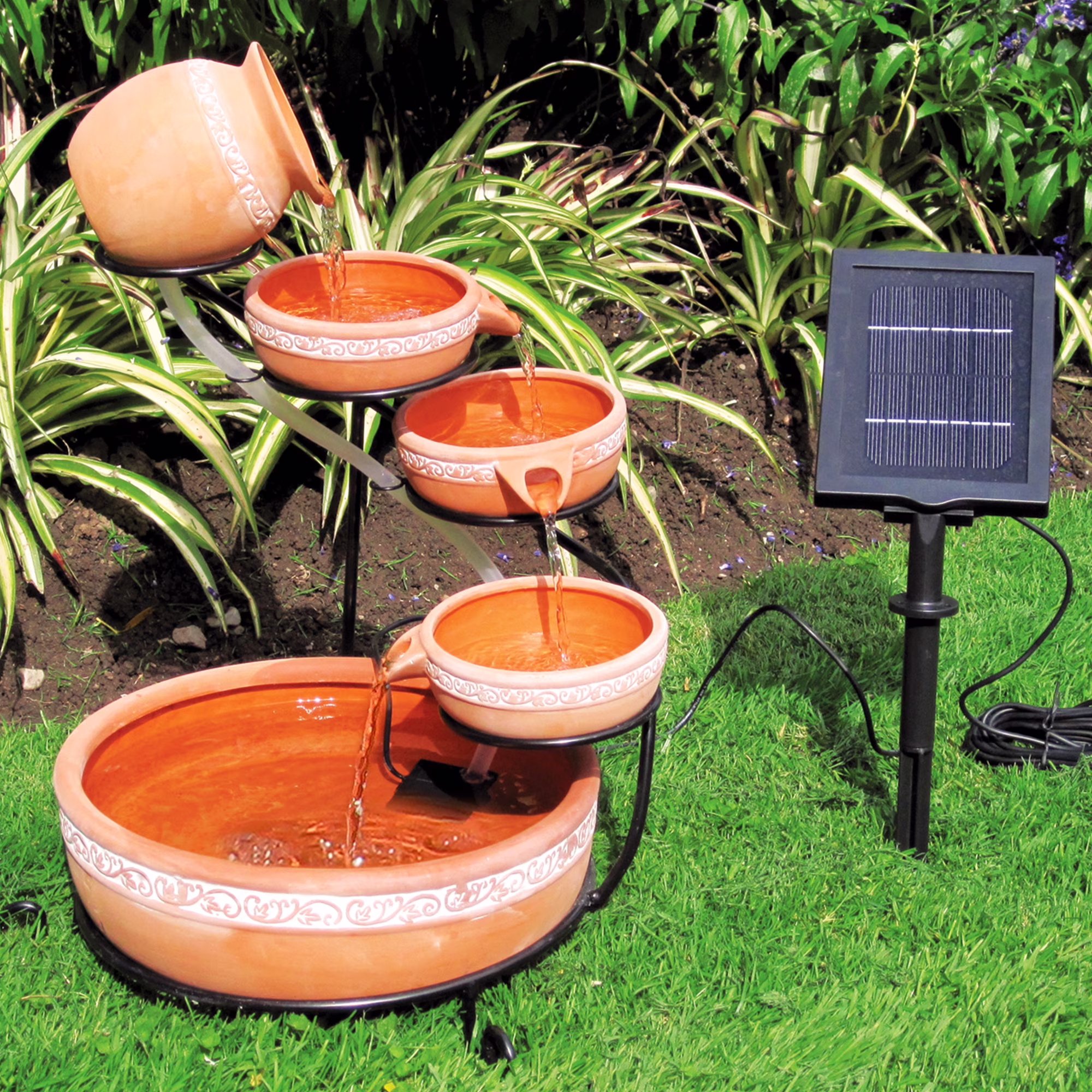 Outdoor Solar-Powered 5-Tier Cascading Water Fountain- Finish, Brown