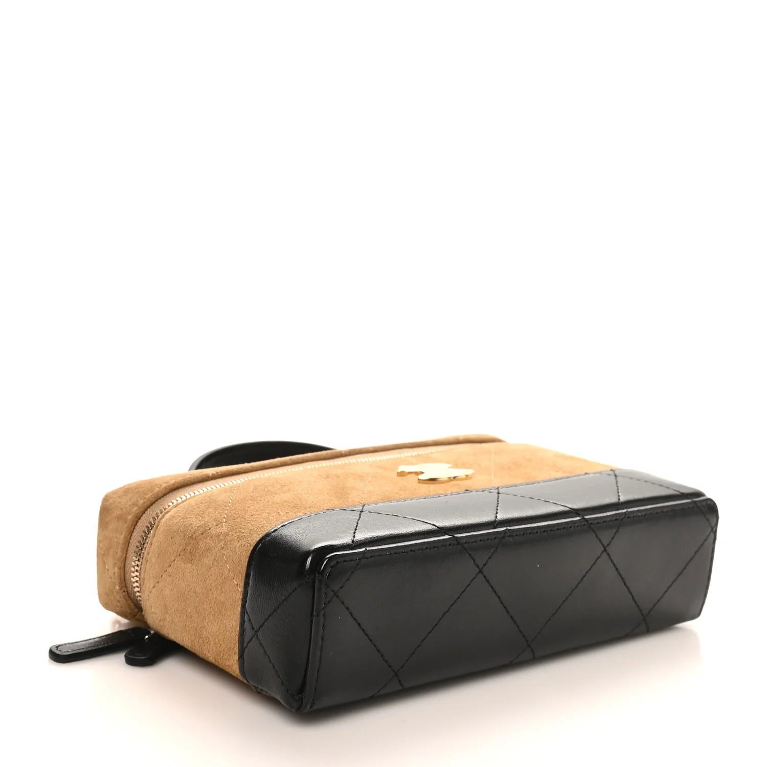 Suede Calfskin Shiny Lambskin Quilted Top Handle Slim Vanity Case With Chain Beige Black