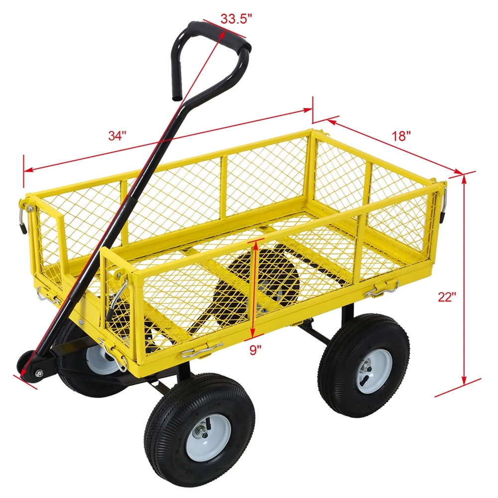 Steel Garden Cart, Heavy-Duty Steel Mesh Utility Garden Wagon with Removable Sides and 9.5" Pneumatic Tires for Outdoor Lawns Yards Farms and Ranches, 550 lb Capacity, Yellow(Yellow) - Image 2