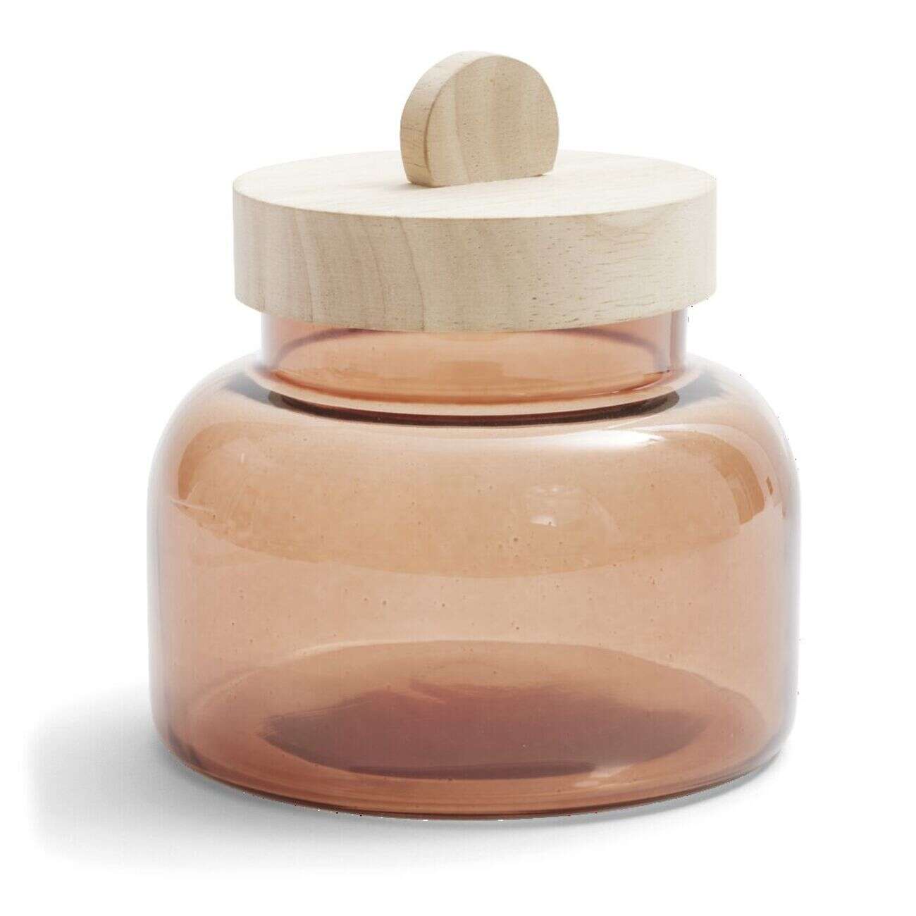 Boîte en verre marron + couvercle bois Ø12xH16cm