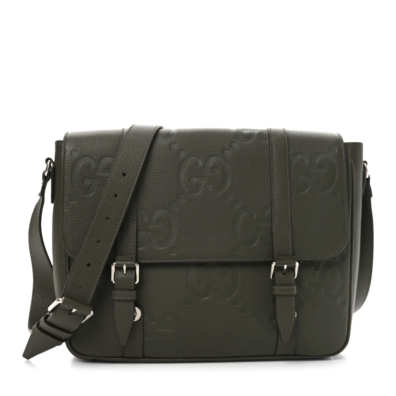 Piuma Calfskin Jumbo GG Embossed Double Buckle Medium Messenger Bag Dark Vintage Olive
