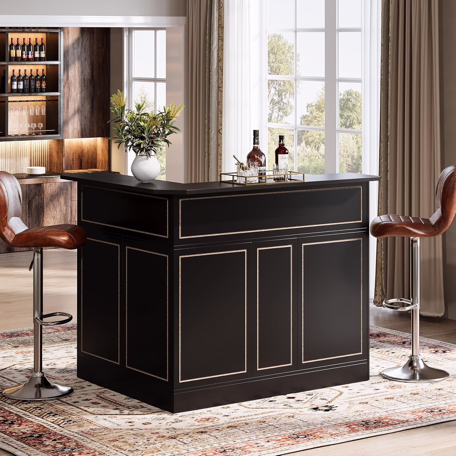 Bar Cabinet, L-Shaped Home Bar Table with Stemware Racks(Black)