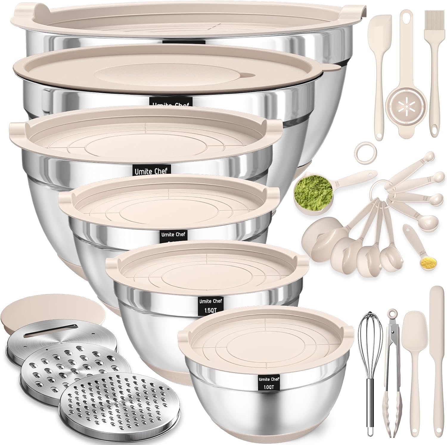 Mixing Bowls with Airtight Lids Set, 26PCS Stainless Steel Khaki Bowls with Grater Attachments, Non-Slip Bottoms & Kitchen Gadgets Set, Sizes 7, 4, 2.5, 2.0, 1.5, 1QT, Great for Mixing & Serving