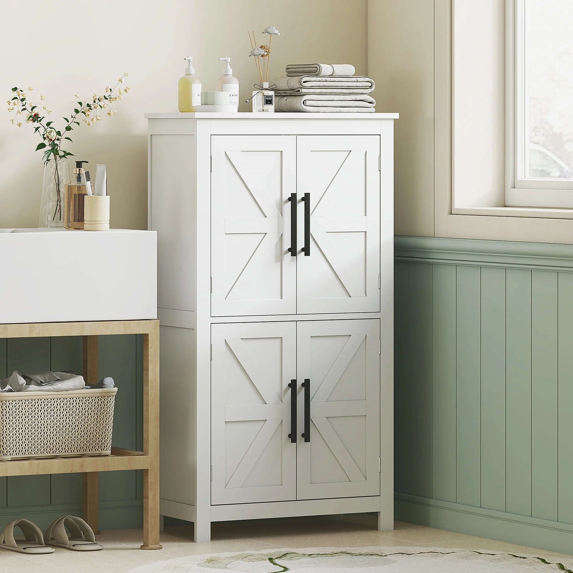 Bathroom Floor Cabinet, Farmhouse Bathroom Cabinet with Doors, White - Image 2