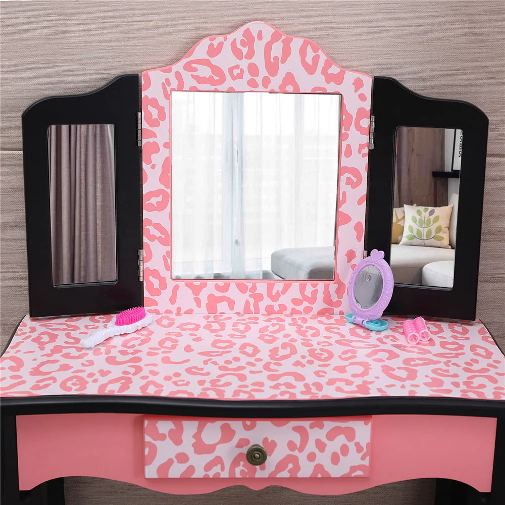 Kids Vanity Table and Stool Set with 3 Mirrors, Pretend Play Princess Makeup Dressing Table,Children's Furniture(Blue) Image 9