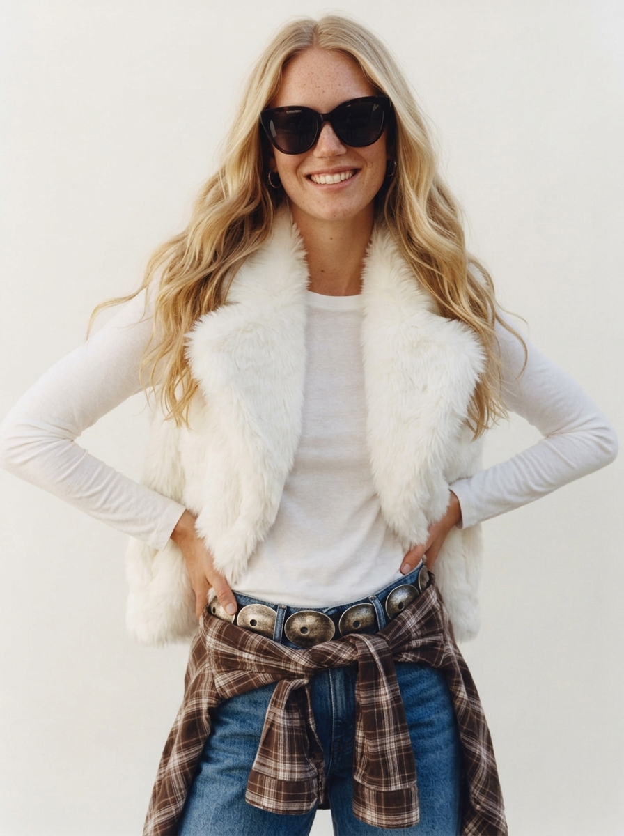 Stanetco Women's White Faux Fur Vest - Fluffy Sleeveless Jacket, Casual Shaggy Warm Gilet with Lapel Collar
