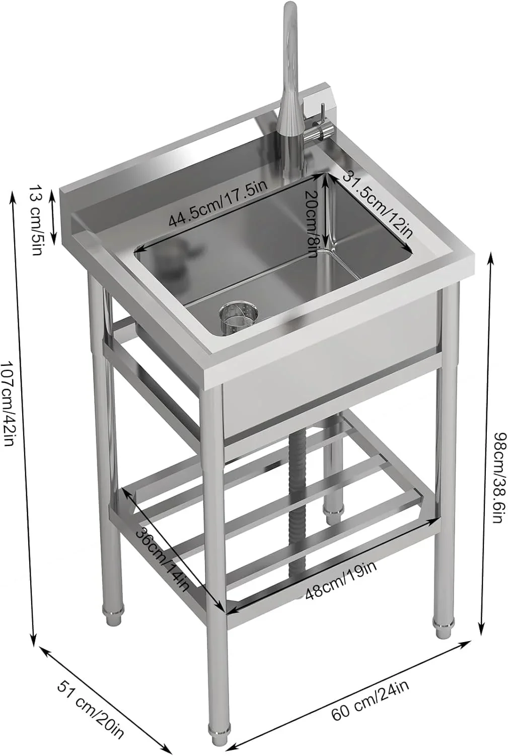 TROPOW 24x20x42 Inch Stainless Steel Utility Sink, Freestanding Single Bowl with Cold and Hot Water Pipe and Faucet, Commercial Sink Kitchen Sink for Restaurant Laundry Room Bathroom Garage Garden