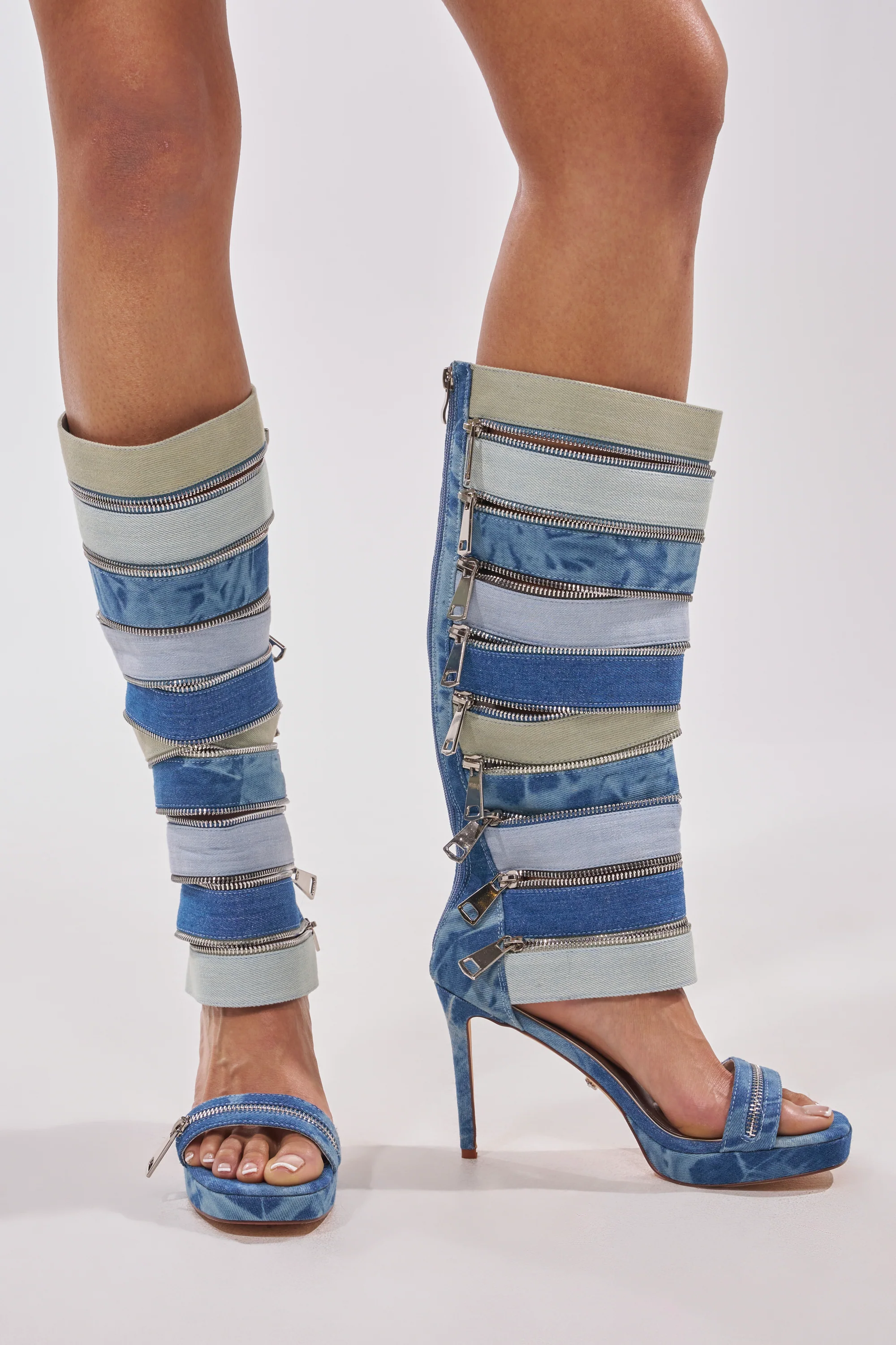AKIRA GOLD ON REPEAT DENIM EMBELLISHED PLATFORM STILETTO SANDAL BOOT - Akira Store