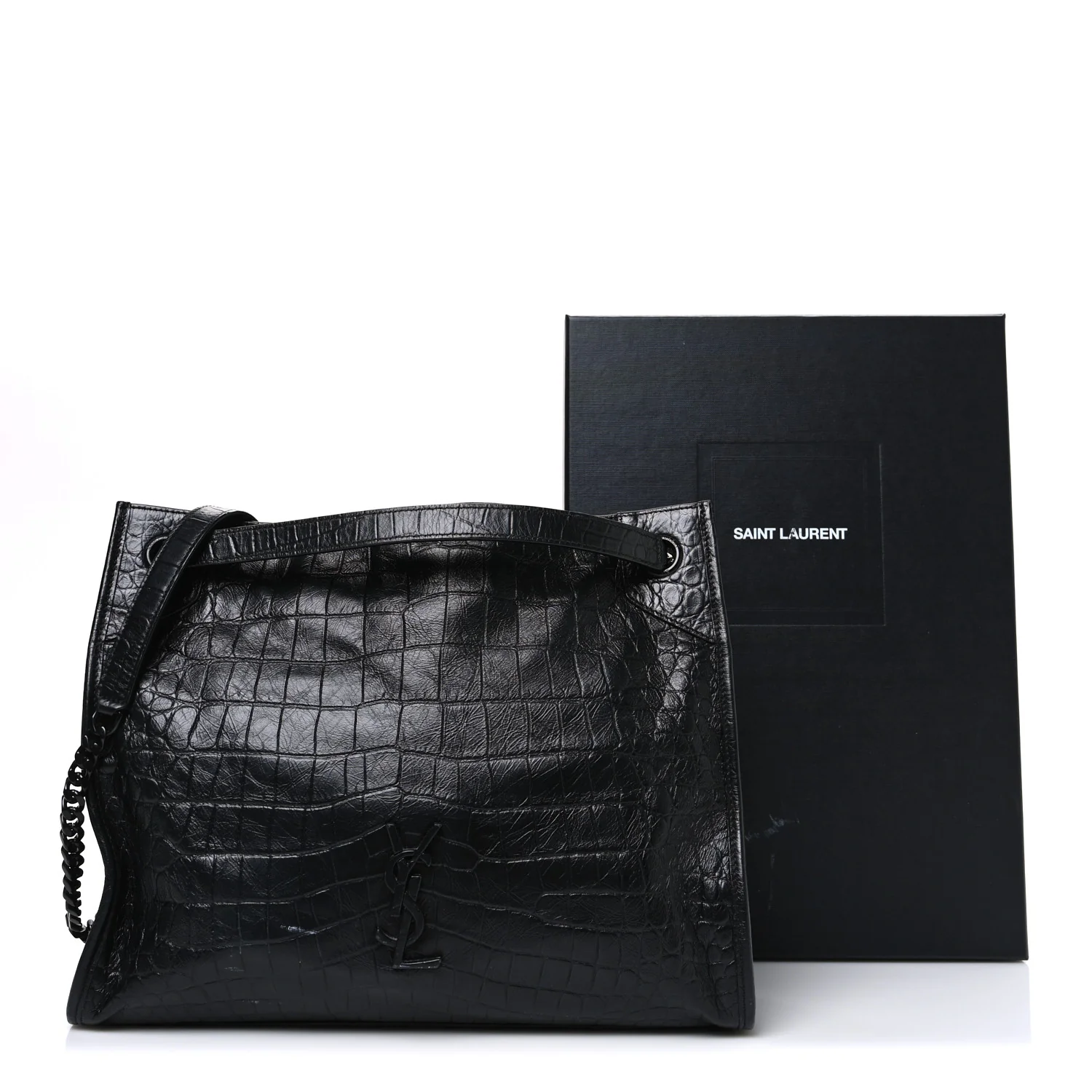 Calfskin Crocodile Embossed Monogram Medium Niki Shopping Bag Black