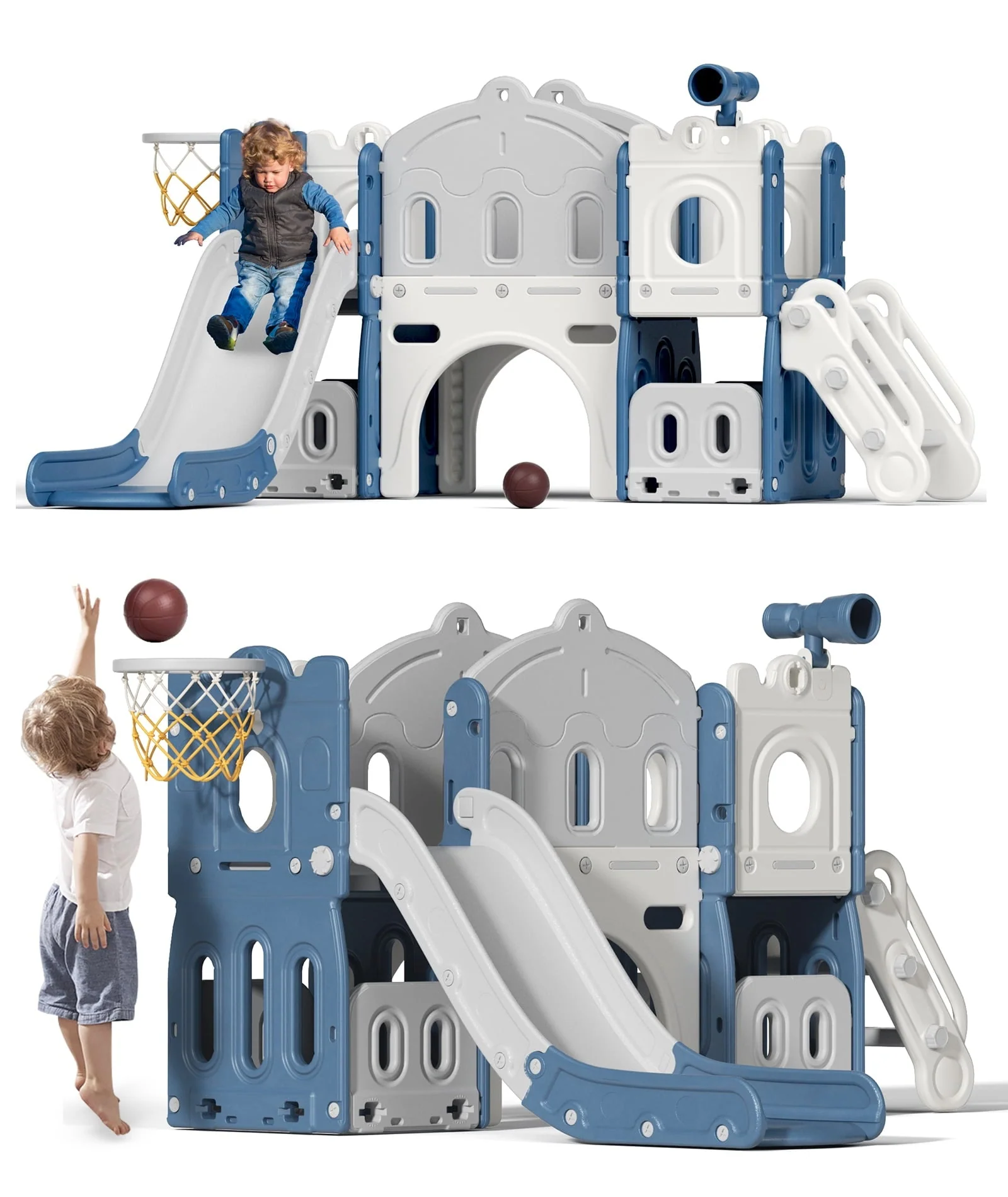 XJD 8 in 1 Toddler Slide with Climber, Kids Slide for Toddlers Age 1+, Basketball Hoop, Tunnel and Storage Space, Slide Toddlers Playset Playground Outdoor Indoor Play Set