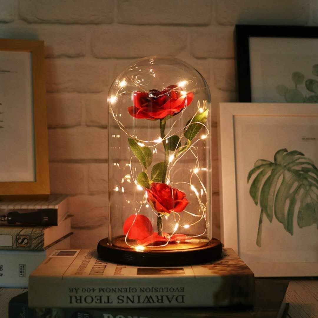 URBANSEASONS Beauty and The Beast Rose Enchanted Rose,Rose Kit, Red Silk Rose and LED Light with Fallen Petals in Glass Dome on Wooden Base