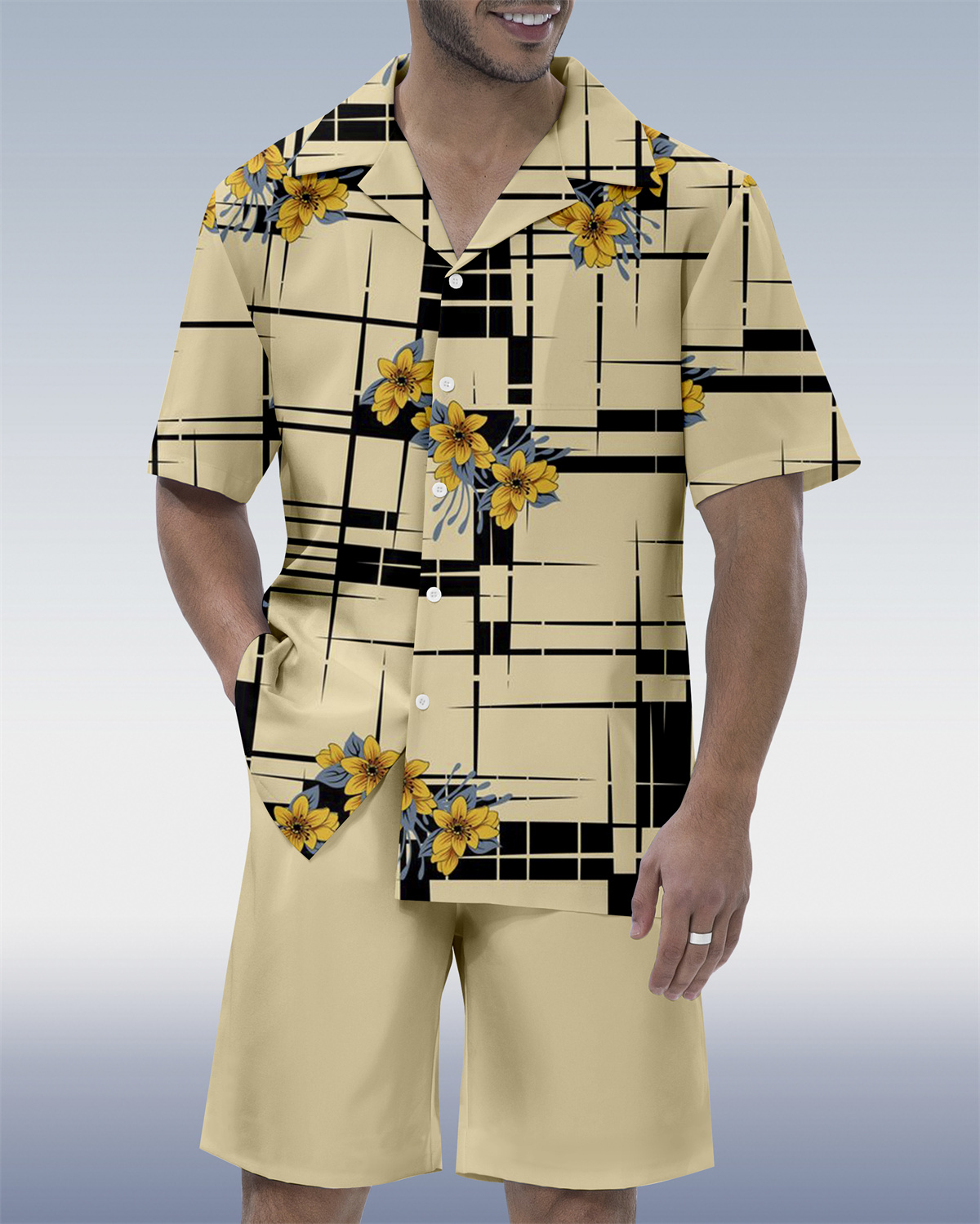 Ensemble chemise à manches courtes et col cubain pour homme, idéal pour les vacances au bowling (réf. 058)