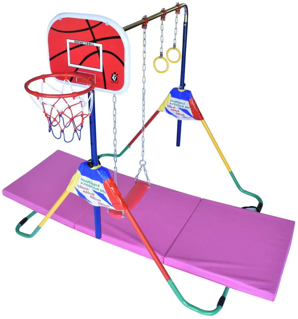 Adjustable Height Gymnastics Bar for Kids Kip Bar 6 in 1 Set, 6'x2' Gymnastic Tumble Mat, Swing Seat, 2 Trapeze Rings, Basketball Hoop, Home Junior Training Monkey Bars Fitness Balance Horizontal Bar Image 4