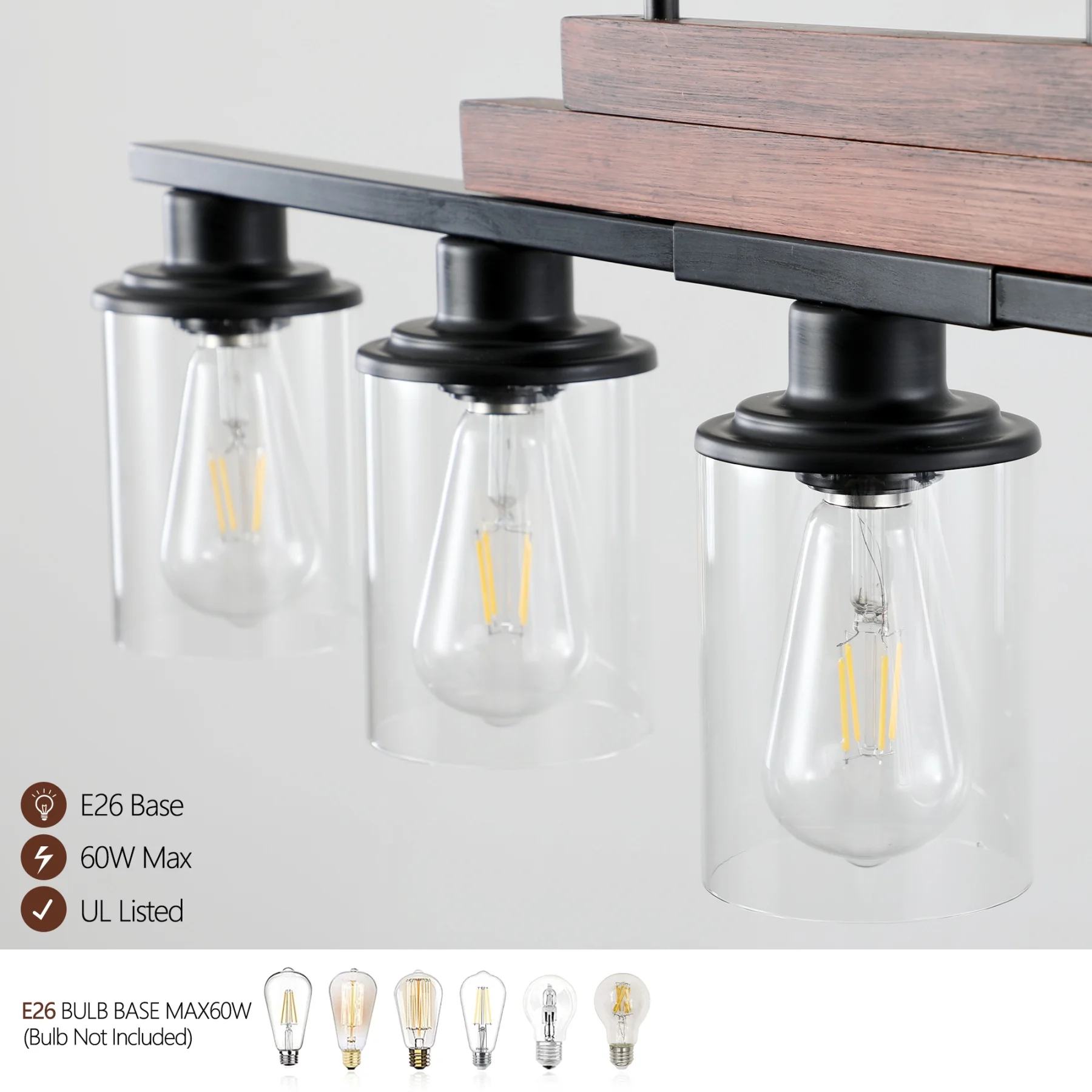 5-Light Kitchen Island Pendant Light, Farmhouse Industrial Chandeliers with Two Metal Rod Supports, Rectangular Island Lights for Kitchen, Living Room, Walnut/Black