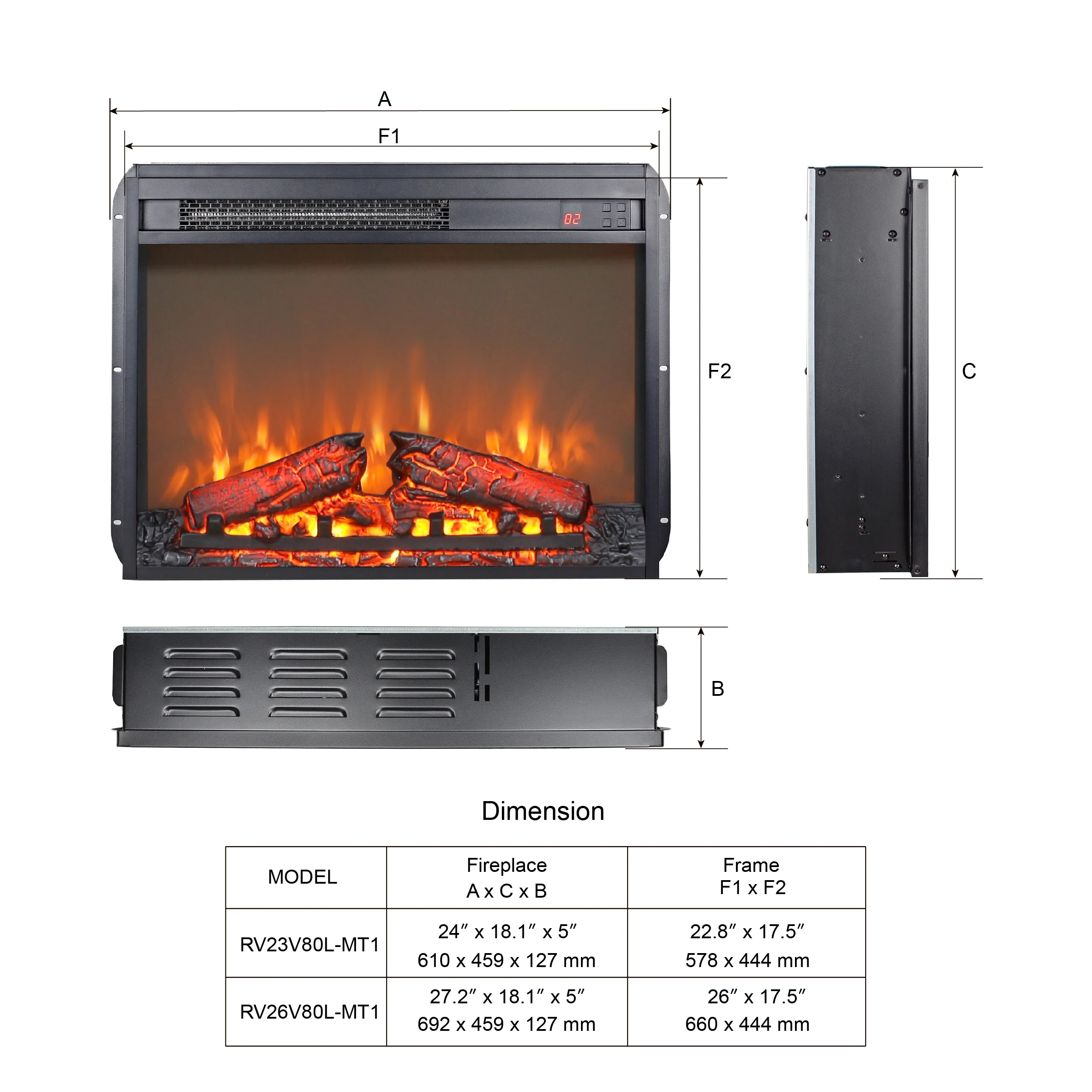 26" Electric Fireplace Insert, Wall Recessed 3D Electric Fireplace, 1400W Fake Fireplace Heater with Adjustable Flame and Timer(9.4 in) - Image 5