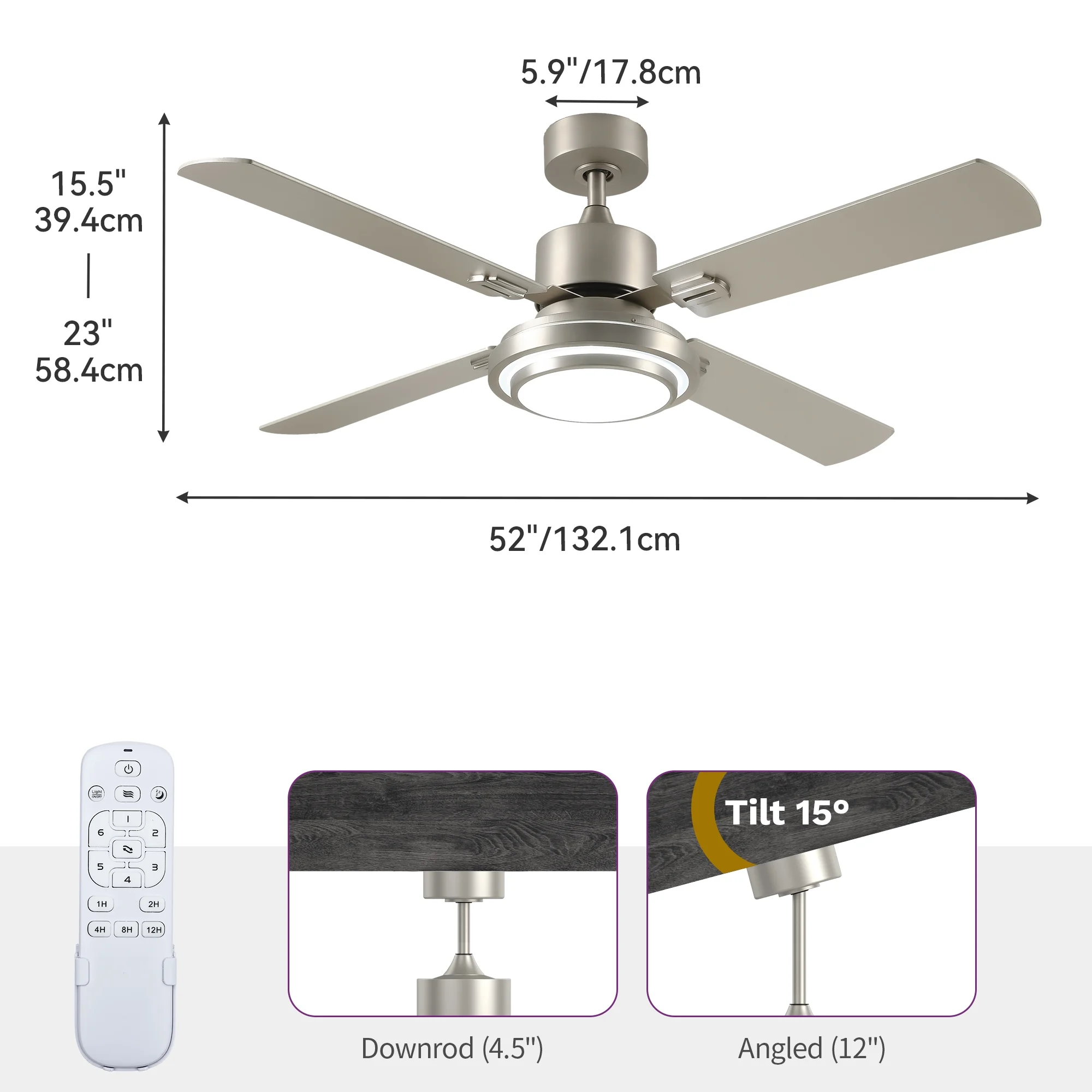 Dextrus 52'' Ceiling Fan with Light and Remote Control, 6 Speeds, 5 Timer Settings, and Dual - Finish Blades (Nickel)