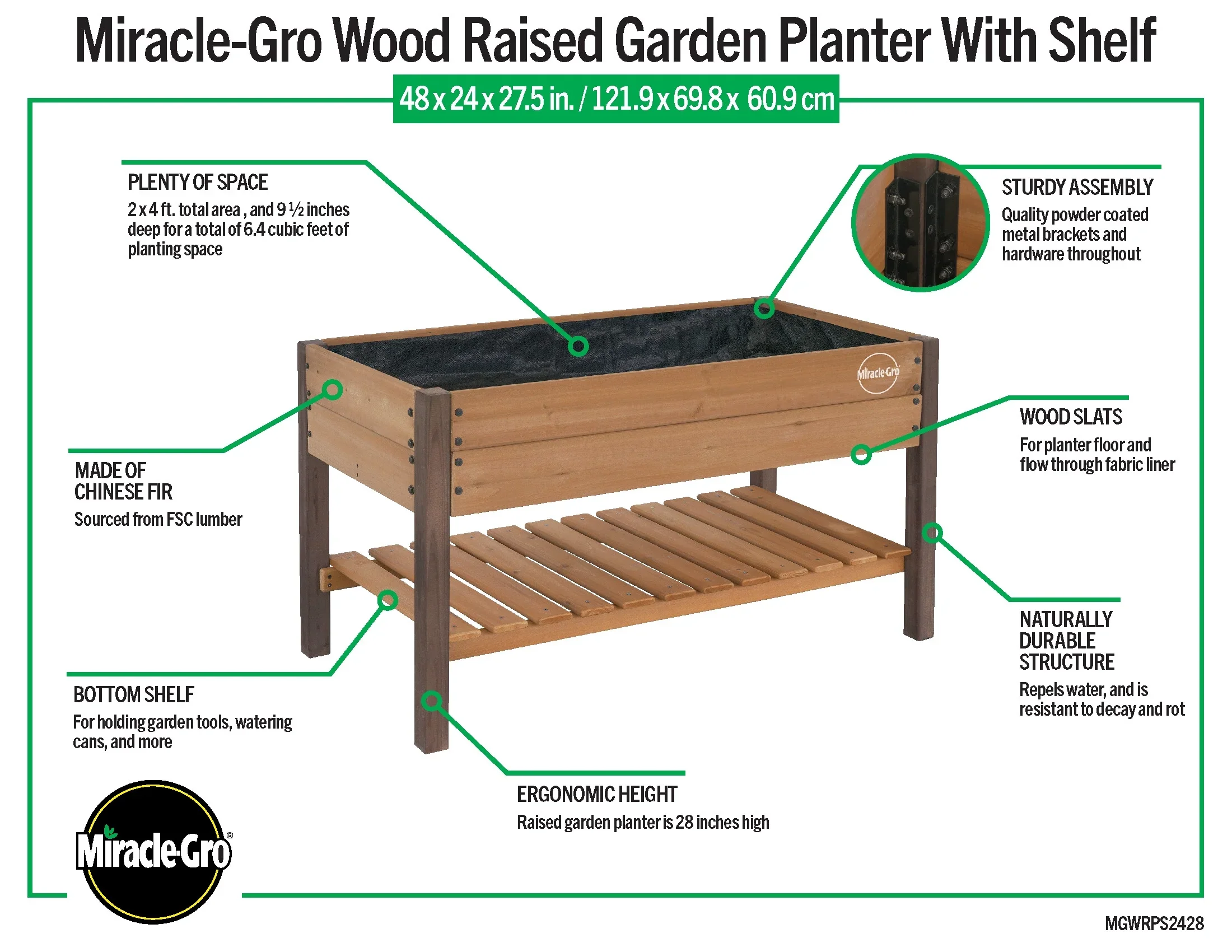 Miracle-Gro Wood 2 x 4 ft. Raised Garden Planter with Shelf