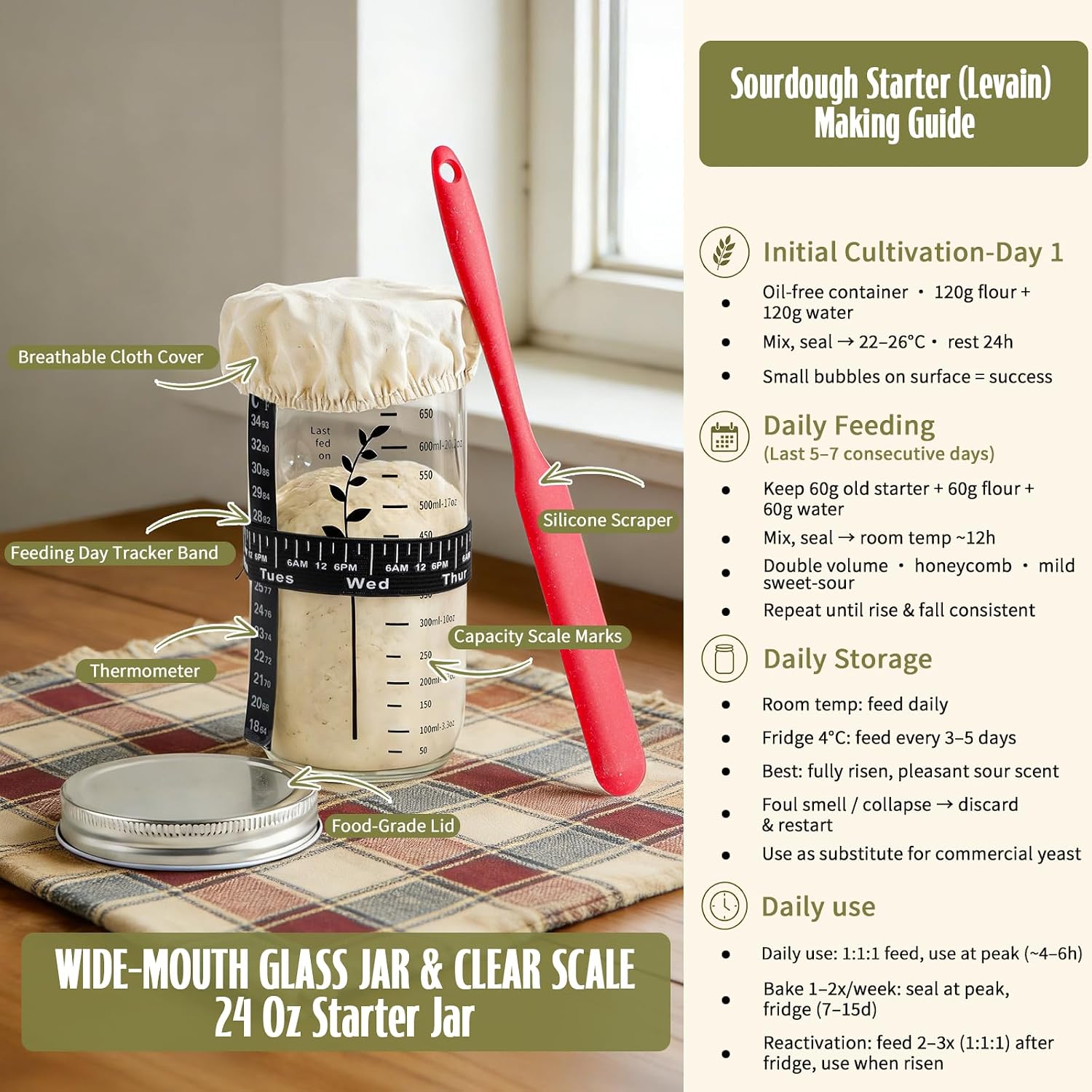 Sourdough Starter Kit, Breathable Cotton Basket, Machine Washable