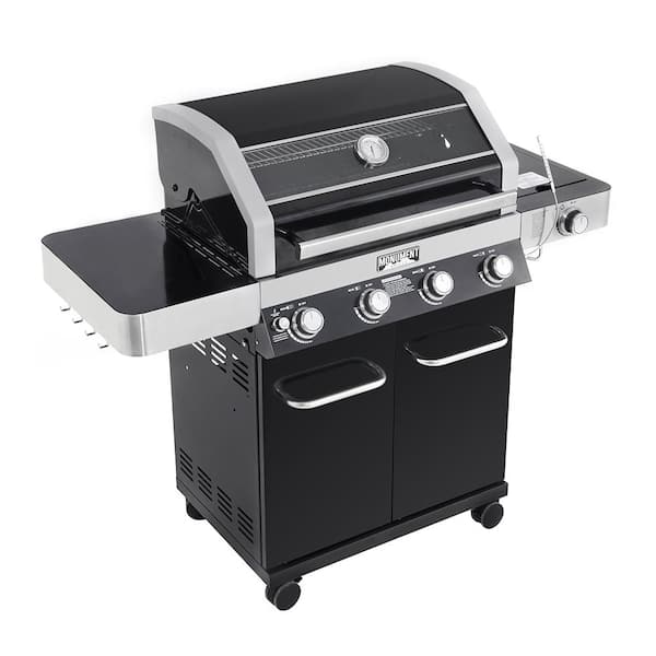 4-Burner Propane Gas Grill in Black with ClearView Lid. LED Controls. Side Burner and USB Light