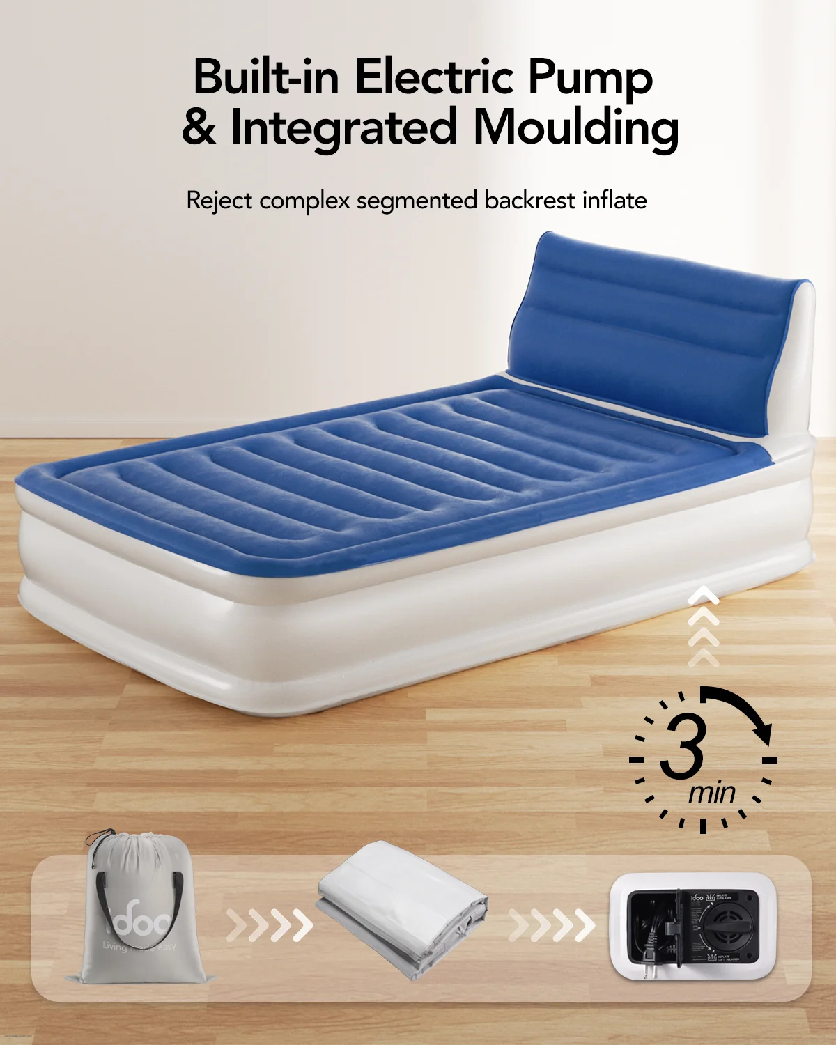 Full Headboard Air Mattress, 15" Inflatable Bed with Built-in Pump, 700lbs Max - Image 4