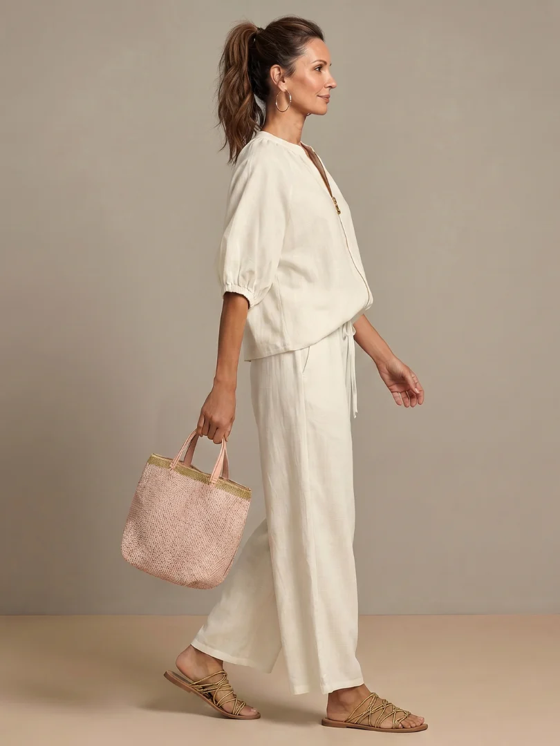 Ensemble blouse zippée et pantalon à jambes larges pour femme