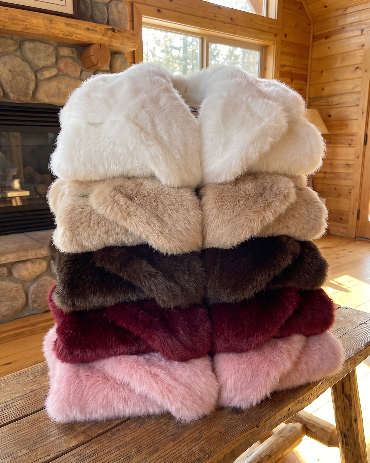Stacked Stanetco faux fur jackets in white beige brown burgundy and pink