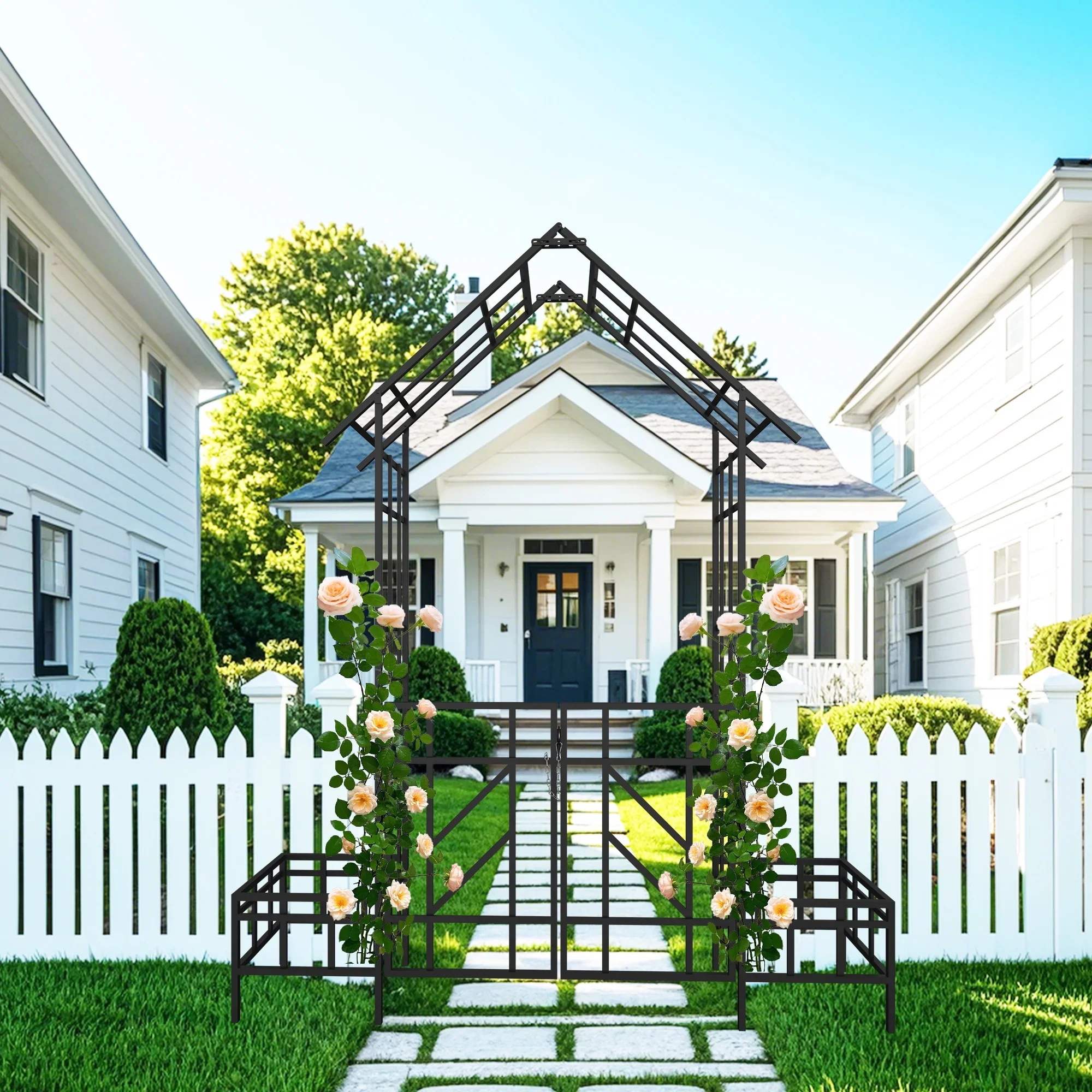 Yoneston 97.24 H Metal Garden Arbor with Gate and Planter, Garden Arch for Climbing Plants Support Rose Arch for Outdoor, Black