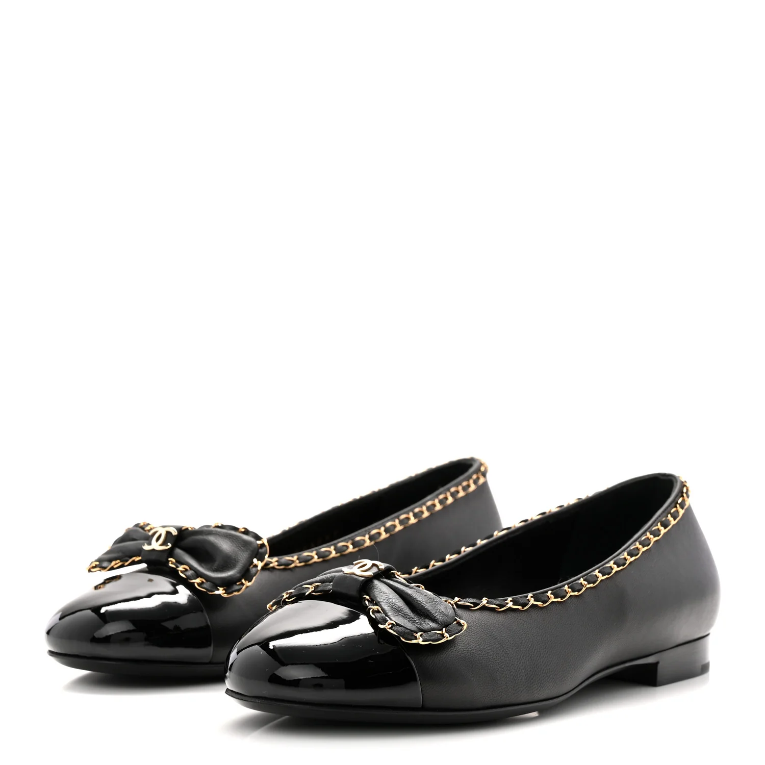 Lambskin Patent Cap Toe Chain Around Ballerina Flats 36 Black