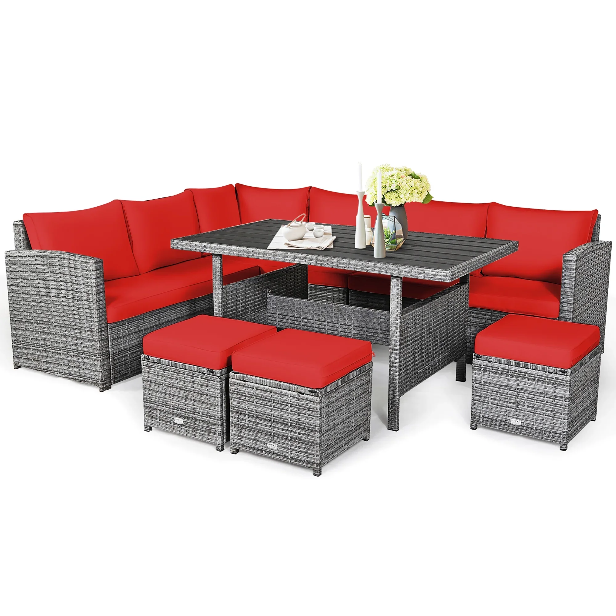 Costway 7 PCS Patio Rattan Dining Set Sectional Sofa Couch Ottoman Garden Red