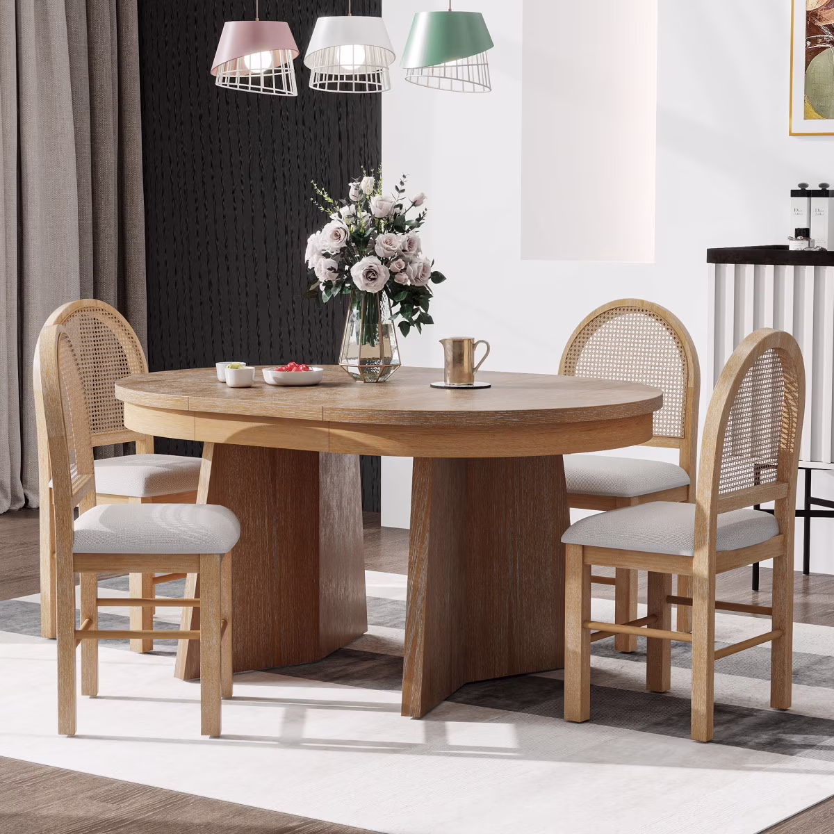 5-Piece Extendable Dining Table Set for 4 People, Solid Wood Kitchen Table Set with 4 Upholstered Chairs and Rattan Backrests for Dining Room and Kitchen, Natural(Natural)