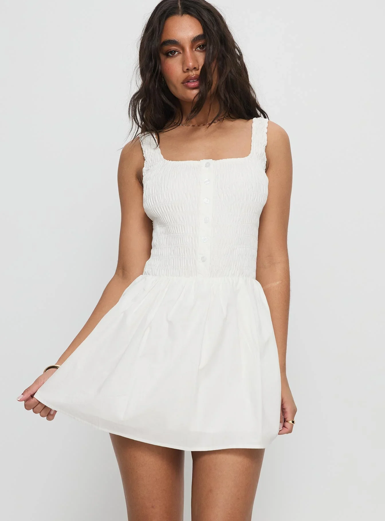 Aurelise Shirred Mini Dress White