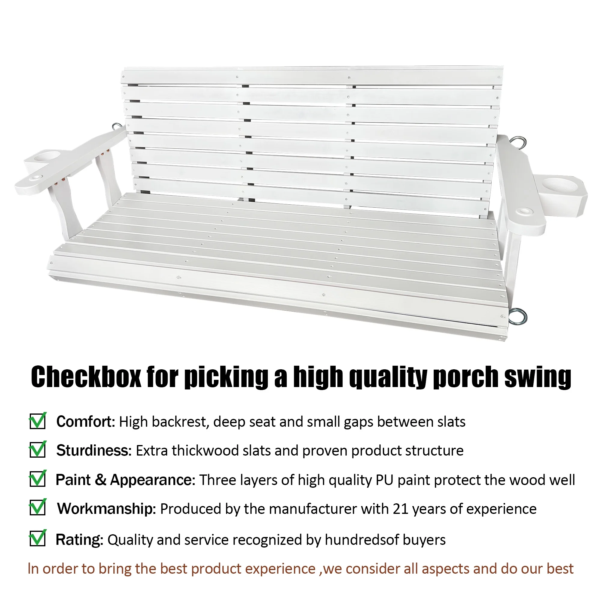 Innovaze 5 Ft Outdoor Wooden Porch Swing with Cupholders, Heavy Duty 880 lb for 3 Person, All - Weather Resistant, White