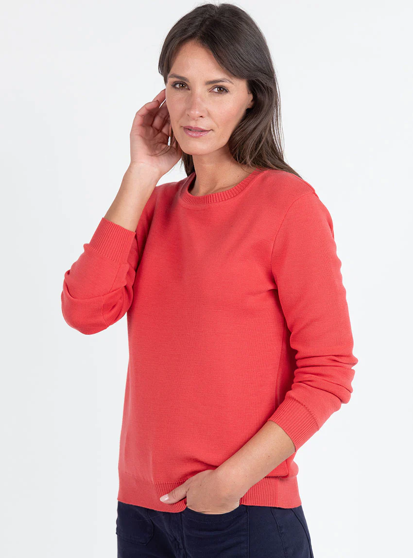 Pull femme en laine mérinos col rond rouge lumineux