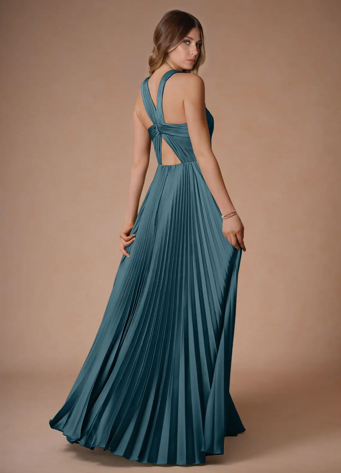 Afra Azure Blue A-Line Pleated Stretch Satin Dress