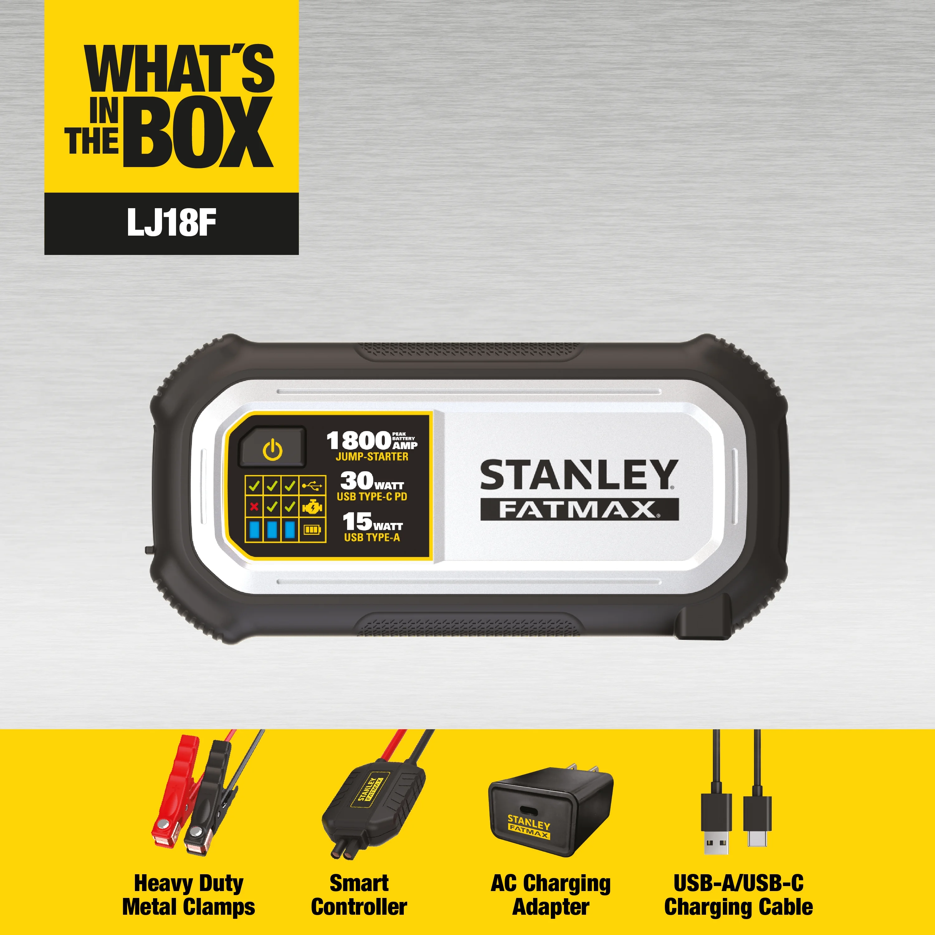 Stanley Fatmax 1800A Lithium Jump Starter with 30W USB - C - PD in/Out and 15W USB - A Out, Includes Clamps