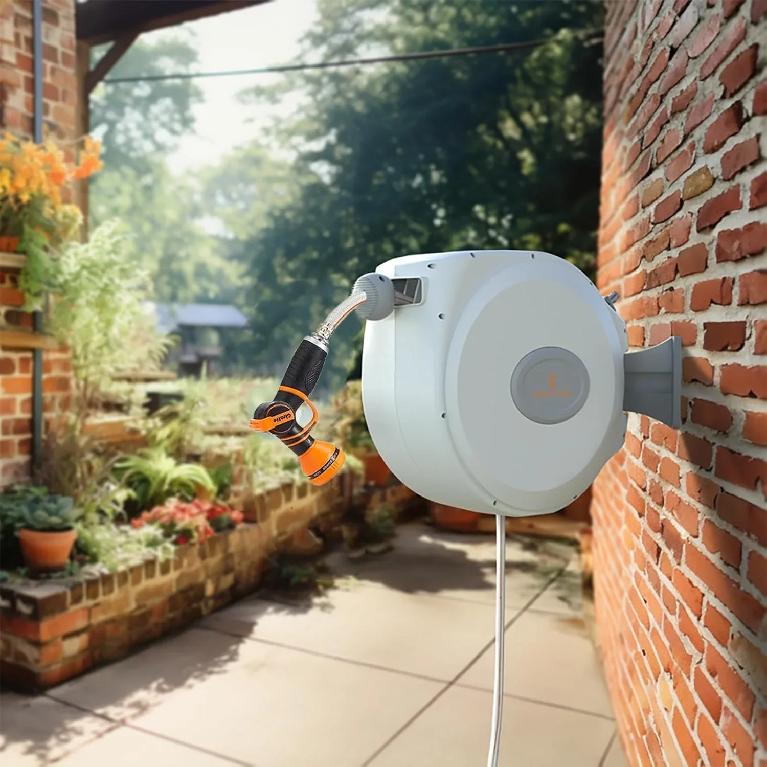 Giraffe Tools Retractable Garden Hose Reel with 1/2in-100ft Water Hose, Plastic Bracket, Wall Mounted, Dark Grey