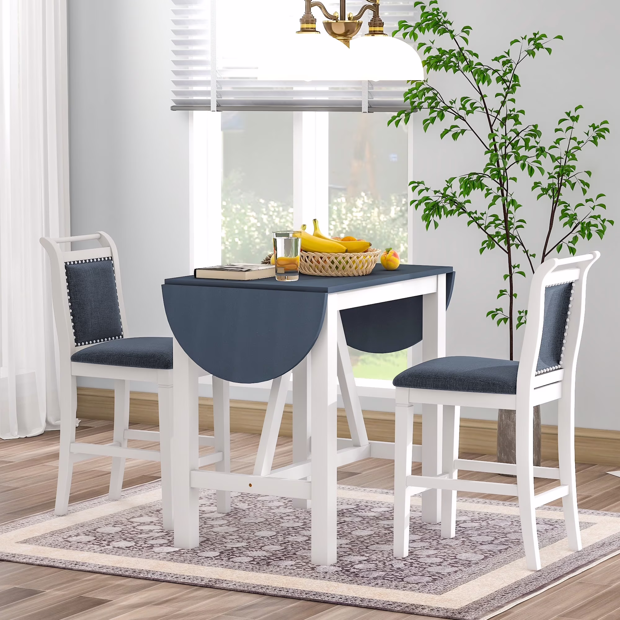 3 Piece Wood Folding Dining Table Set Drop Leaf Table with 2 Padded Counter Height Dining Chairs for Small Place, Brown(Brown) - Image 3