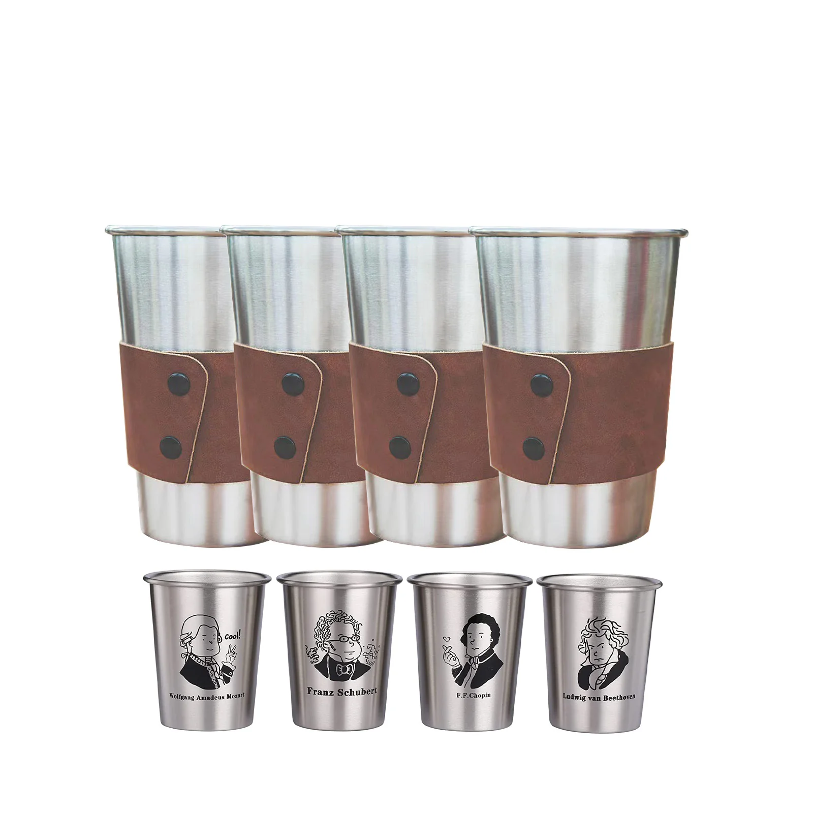 Lot de 4 tasses de 500 ml en acier inoxydable avec étui en cuir