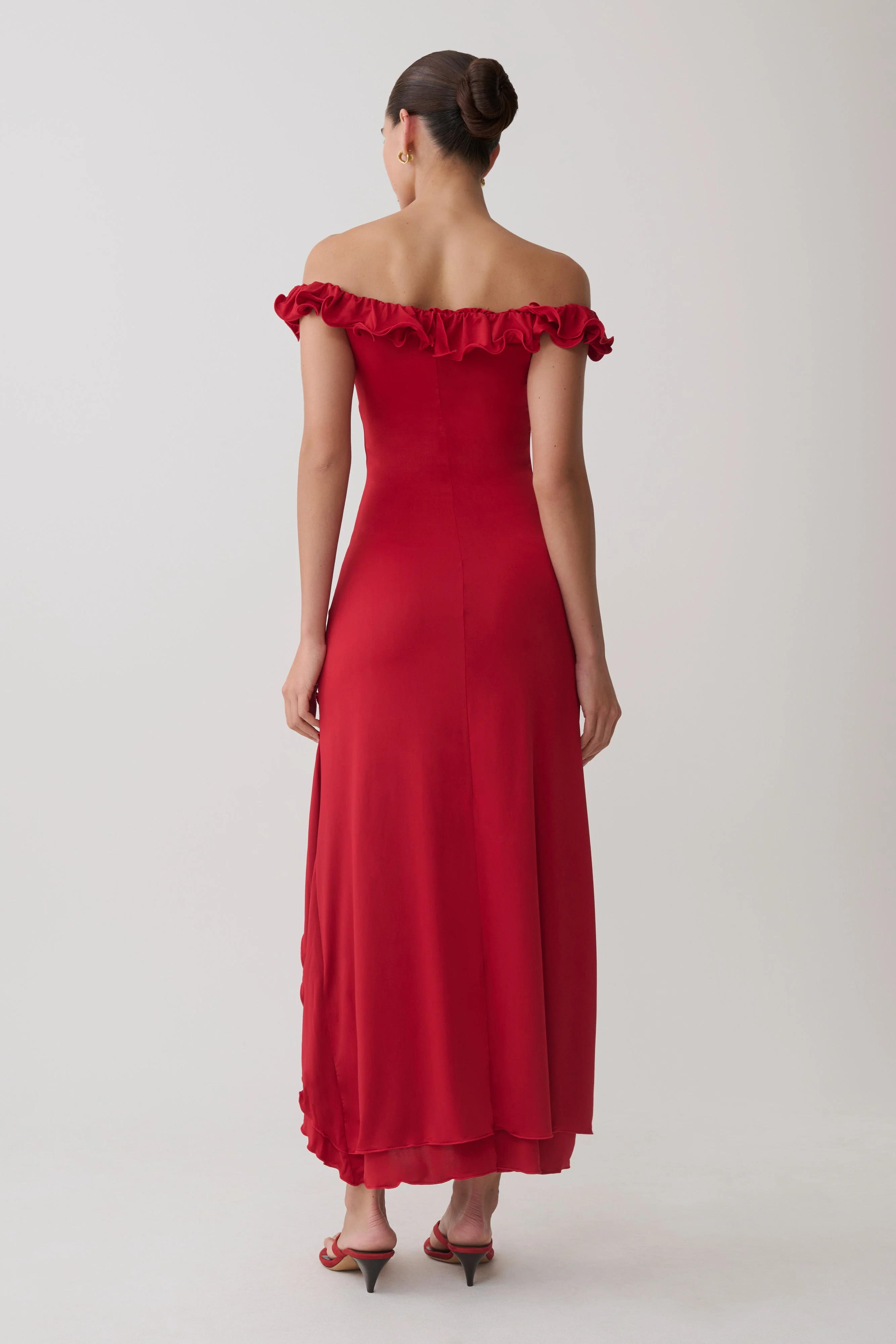 Allegra Off Shoulder Ruffle Midi Dress - Ruby