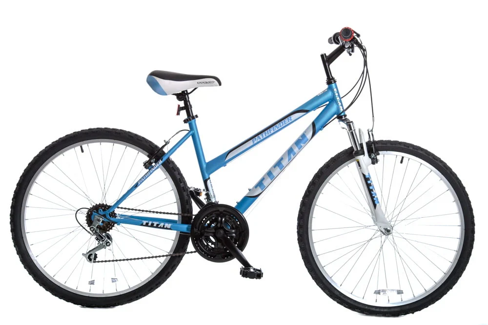 TITAN Pathfinder Women's Mountain Bicycle, 17-Inch Frame Height, 21-Speed, Front Suspension, Baby Blue