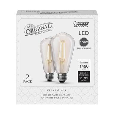 Feit ST19 E26 (Medium) Filament LED Bulb Soft White 100 Watt Equivalence - 2 Pk