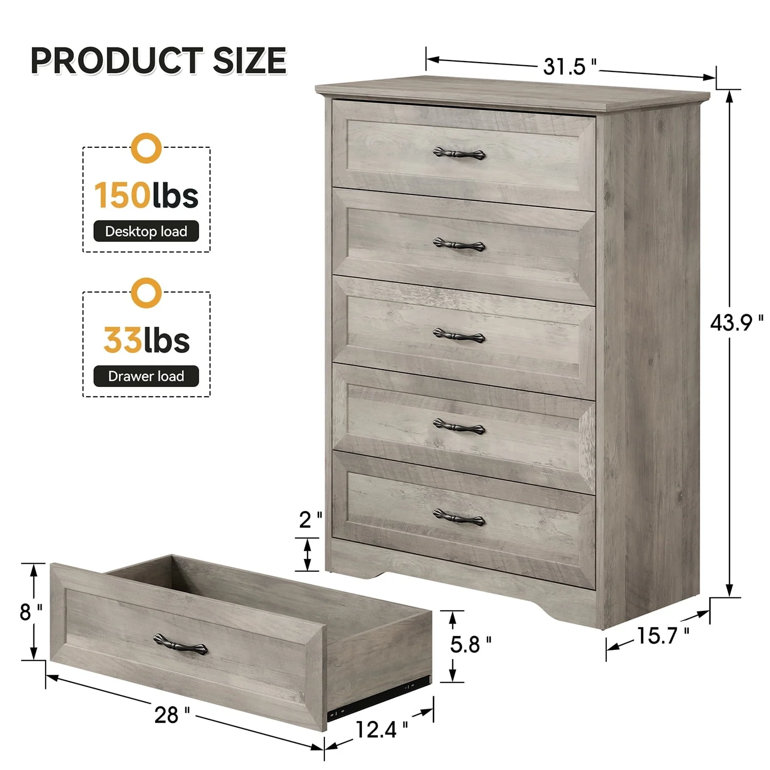 Dresser for Bedroom with 5 Drawers, Tall Wood Drawer Dresser Chest of Drawers for Closet, Living Room, Hallway, Nursery, Kids Bedroom, Grey(5 Drawers chest) - Image 7