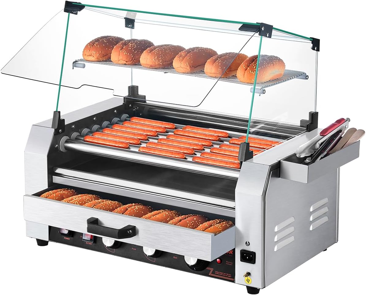 18-Roller Stainless Steel Hot Dog Machine 1200W, with Bun Warmer & 3 Temperature Settings, Home & Commercial Use