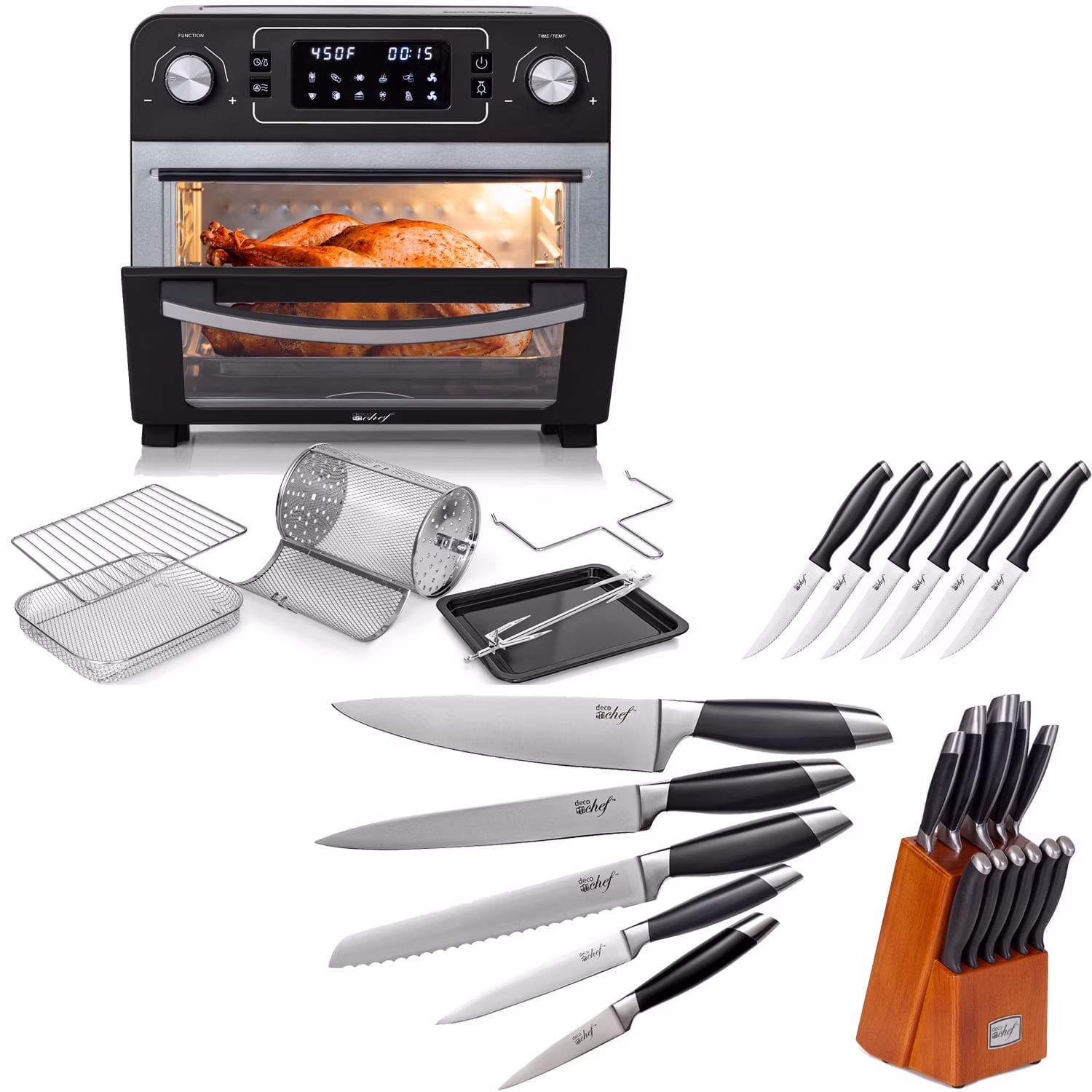 Deco Chef 24QT Stainless Steel Countertop Toaster Air Fryer Oven with Accessories (Black) + Bonus Deco Chef Gourmet 12 Piece Stainless Steel Knife Set with Storage Block