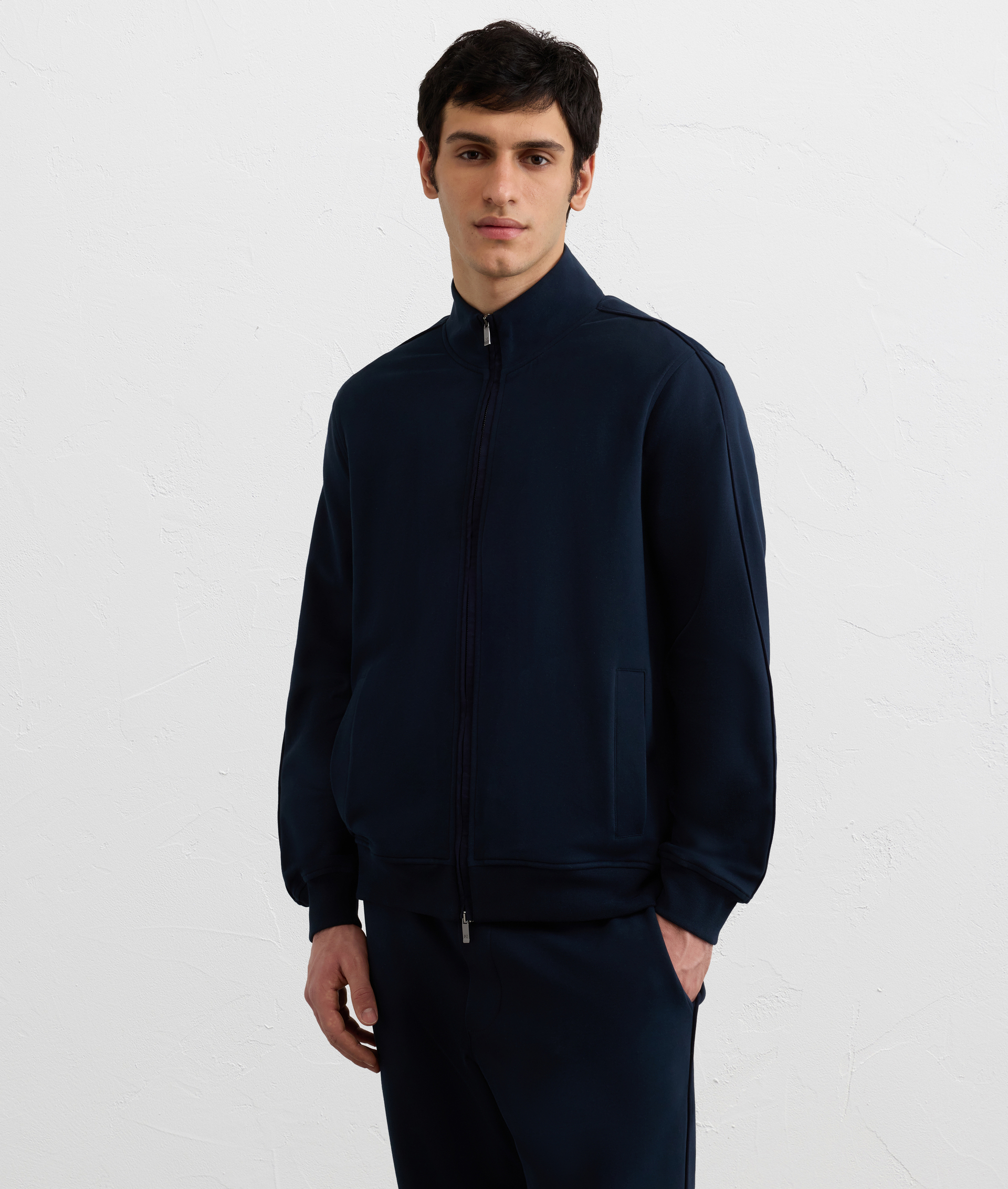 NAVY BLUE PEACH EFFECT COTTON BOMBER SWEATSHIRT WITH ZIP AND SUEDE DETAILS