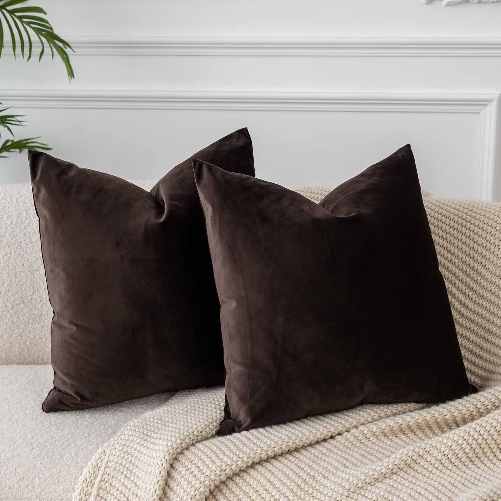 JUSPURBET Coffee 24x24 Velvet Throw Pillow Covers Set of 2, Decorative Solid Soft Cushion Cases for Couch Sofa Bed
