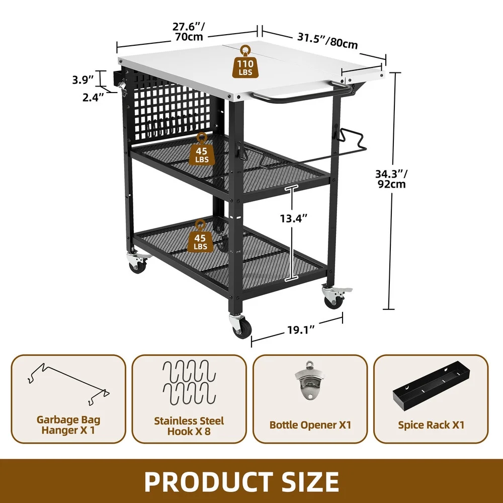 31.5''L x 27.6''W Outdoor Grill Cart Pizza Oven Table w/ 3-Tier Adjustable Shelf