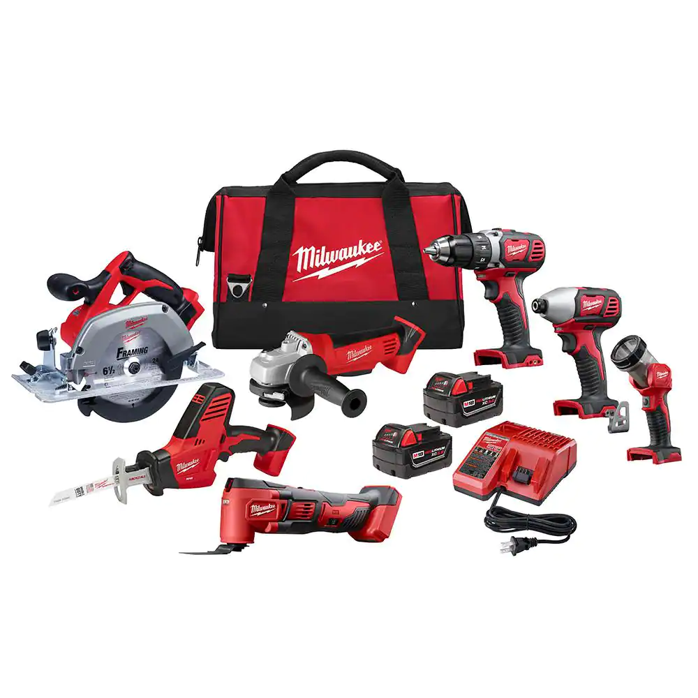Coffret d'outils combinés sans fil M18 18 V Lithium-Ion (7 outils) avec deux batteries 3,0 Ah, chargeur et sacoche à outils