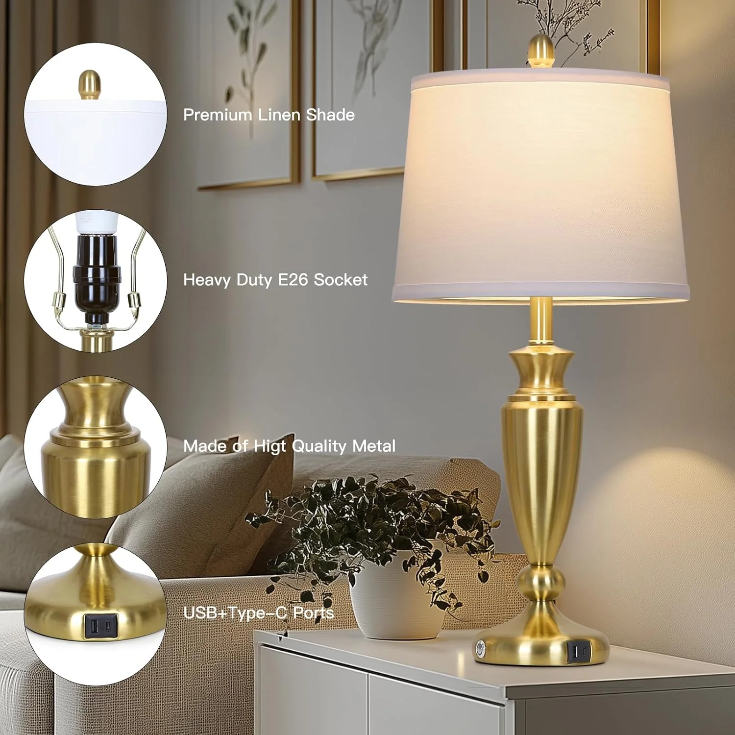27'' Gold Table Lamps for Living Room, 3 Way Touch Control Bedside Lamps Set of 2 with USB A+C Ports, Modern Metal Nightstand Lamps for Bedroom Living Room Office End Table(Gold) Image 9